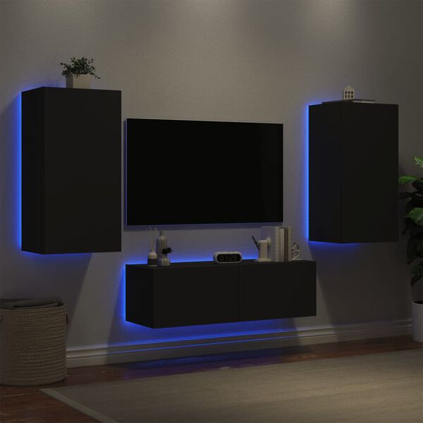 vidaXL 3 Piece TV Wall Cabinets with LED Lights Black