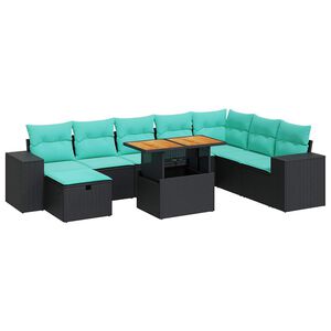 vidaXL 9 Piece Garden Sofa Set with Cushions Black Poly Rattan Acacia