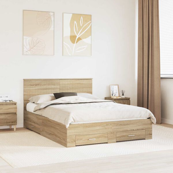 vidaXL Bed Frame with Drawer Sonoma Oak 140 x 190 cm Engineered Wood