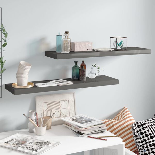 vidaXL Floating Wall Shelves 2 pcs High Gloss Grey 90x23.5x3.8 cm MDF