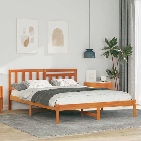 vidaXL Bed Frame with Headboard Wax Brown 140 x 190 cm Solid Pine Wood
