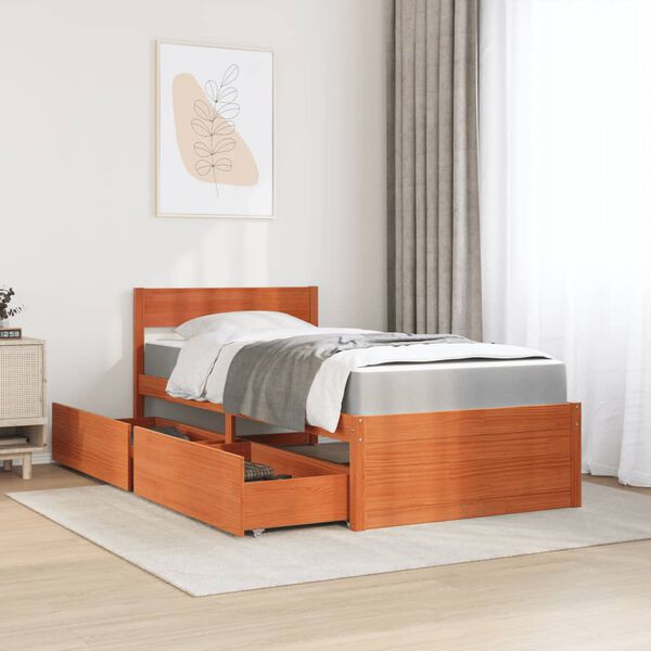 vidaXL Bed with Drawers and Mattress Wax Brown 100x200 cm Solid Wood Pine