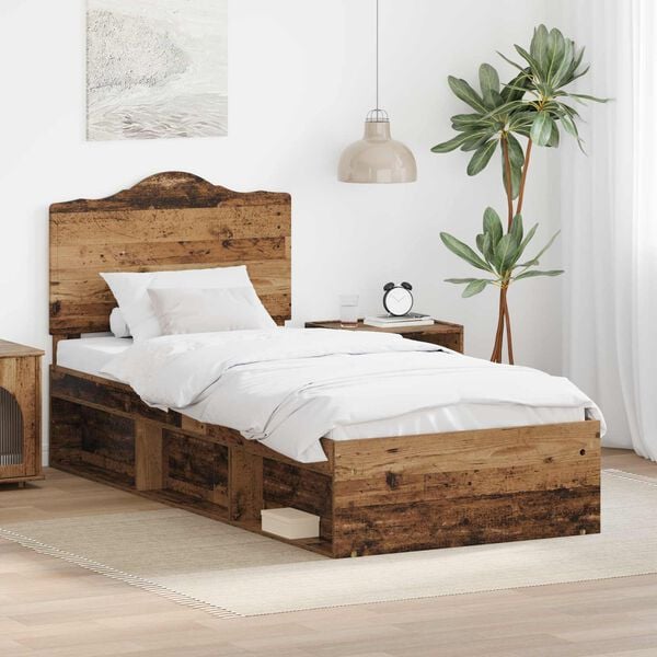 vidaXL Bed Frame with Headboard Old Wood 75 x 190 cm Solid Pine Wood