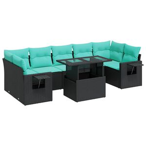 vidaXL 8 Piece Garden Sofa Set with Cushions Black Poly Rattan Acacia
