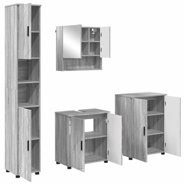 vidaXL Bathroom Furniture Set Wall-mounted with Door 4 pcs Grey Sonoma
