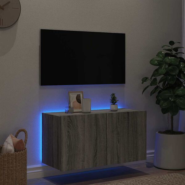 vidaXL TV Wall Cabinet with LED Lights Grey Sonoma 80x35x41 cm