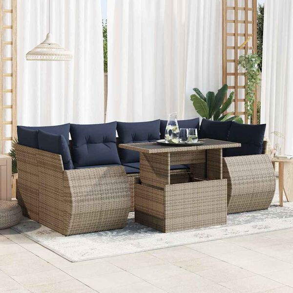 vidaXL 7 Piece Garden Sofa Set with Cushions Grey Poly Rattan Acacia