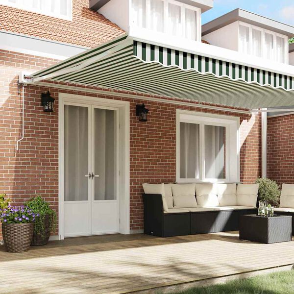 vidaXL Retractable Awning Green and white 500 x 300 cm Fabric, Metal