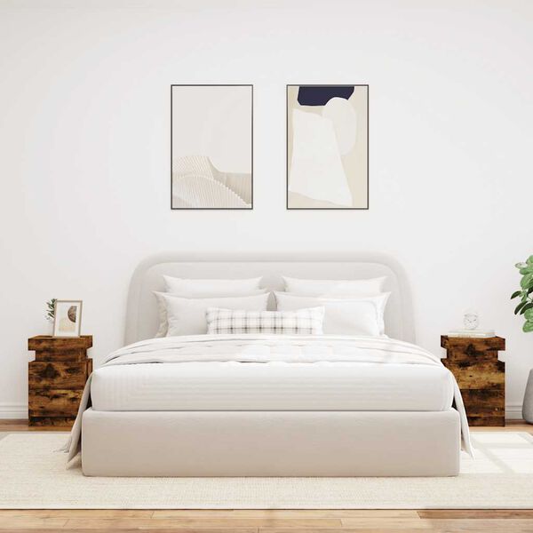 vidaXL Bedside Cabinets with LED Lights 2 pcs Smoked Oak 35x39x55 cm