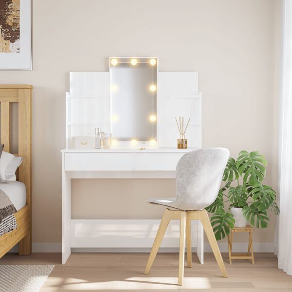 vidaXL Dressing Table with LED Lights High Gloss White 96x40x142 cm