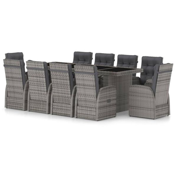 vidaXL 11 Piece Garden Dining Set with Cushions Grey Poly Rattan