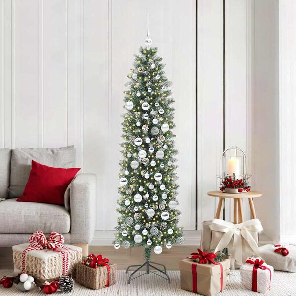 vidaXL Artificial Slim Christmas Tree Green and White 180 cm