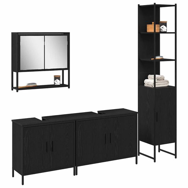 vidaXL Bathroom Furniture Set with Shelf 4 pcs Black Engineered wood