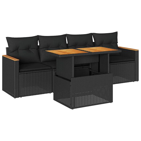 vidaXL 5 Piece Garden Sofa Set with Cushions Black Poly Rattan Acacia