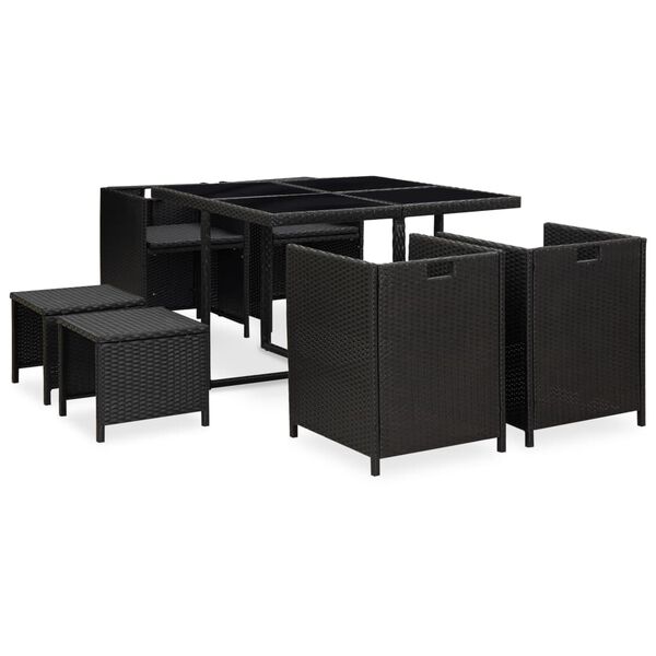 vidaXL 9 Piece Outdoor Dining Set with Cushions Poly Rattan Black