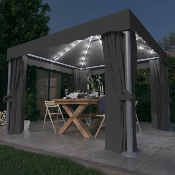 vidaXL Gazebo with Curtain&LED String Lights 3x3 m Anthracite