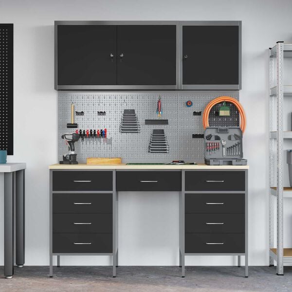 vidaXL Work Cabinet with Drawer 8 pcs Black 150 x 55 x 200 cm