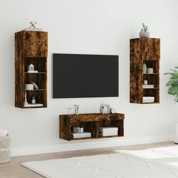 vidaXL 4 Piece TV Wall Cabinets with LED Lights Smoked Oak