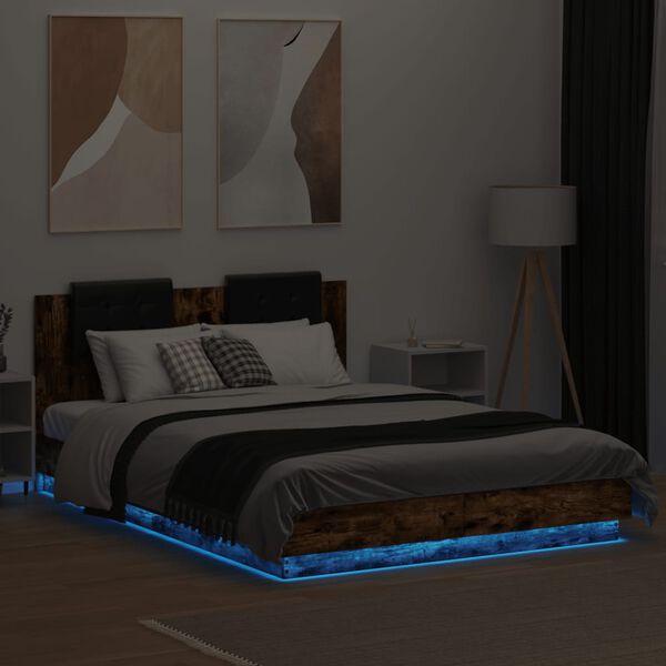vidaXL Bed Frame with LED without Mattress Smoked Oak 120x200 cm