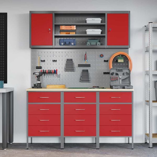 vidaXL Work Bench with Drawer 7 pcs Red 150 x 55 x 200 cm Steel