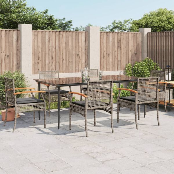 vidaXL 7 Piece Garden Dining Set with Cushions Grey Poly Rattan