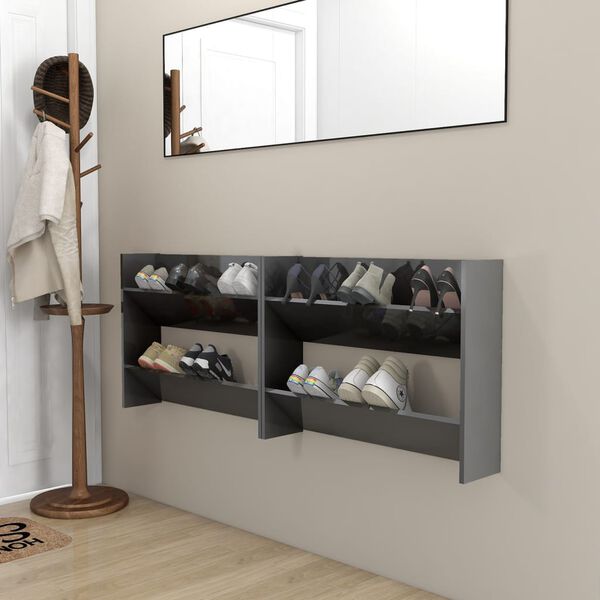 vidaXL Wall Shoe Cabinets 2 pcs High Gloss Grey 80x18x60 cm Engineered Wood