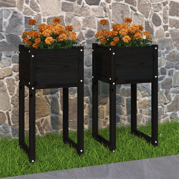 vidaXL Planters 2 pcs Black 40x40x81 cm Solid Wood Pine