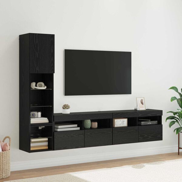 vidaXL TV Wall Unit with LED 4 pcs Black Oak Engineered Wood