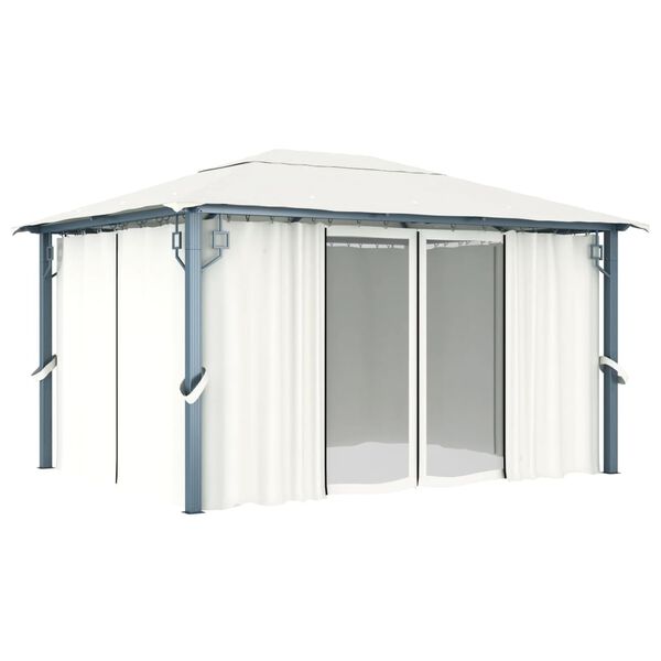 vidaXL Gazebo with Curtain&LED String Lights 4x3 m Cream Aluminium