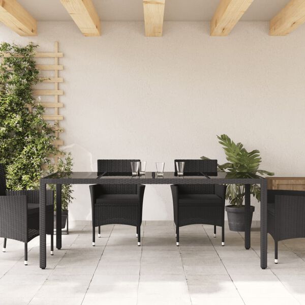 vidaXL Garden Table with Glass Top Black 190x90x75 cm Poly Rattan