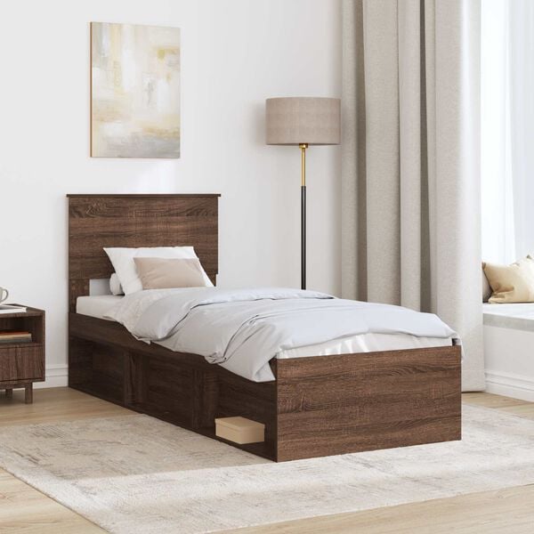 vidaXL Bed Frame with Headboard Brown Oak 75 x 190 cm Solid Pine Wood