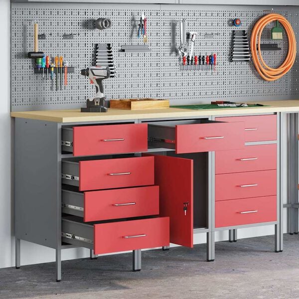 vidaXL Work Cabinet with Drawer 3 pcs Red and Grey 150 x 55 x 85 cm