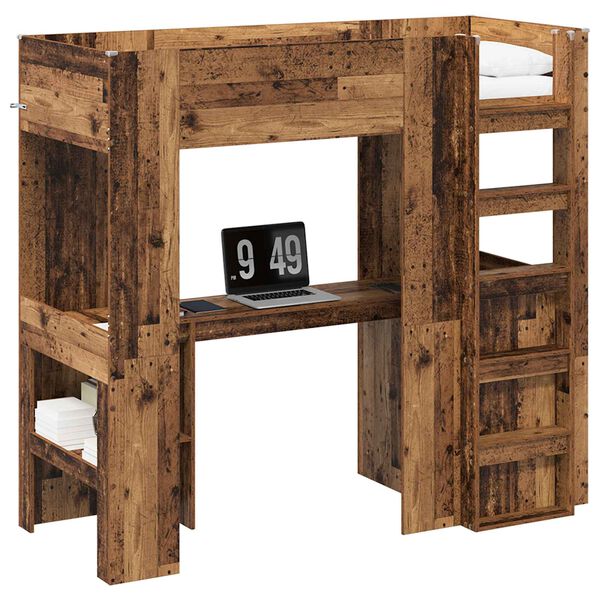 vidaXL Loft Bed Frame with Desk Old Wood 75 x 190 cm Engineered Wood