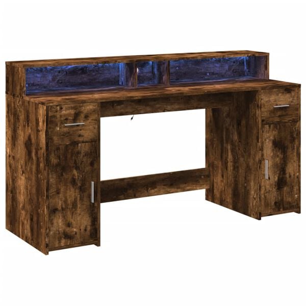vidaXL Desk with LED Lights Smoked Oak 160x55x91 cm Engineered Wood