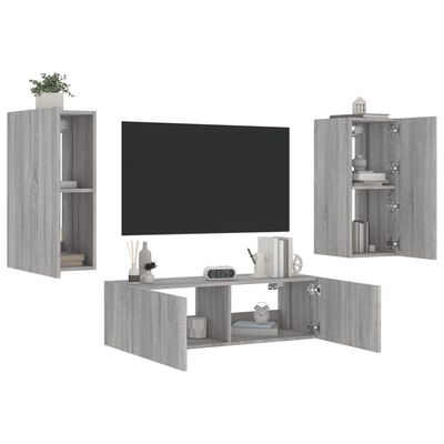 vidaXL 3 Piece TV Wall Cabinets with LED Lights Grey Sonoma