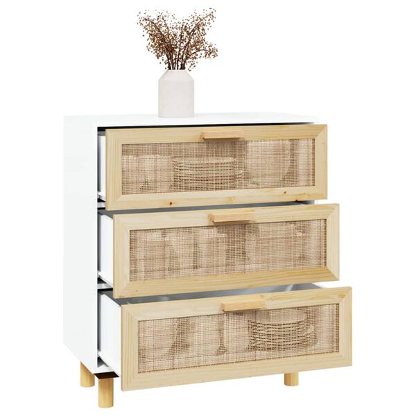 vidaXL Sideboard White 60x30x70 cm Solid Wood Pine and Natural Rattan