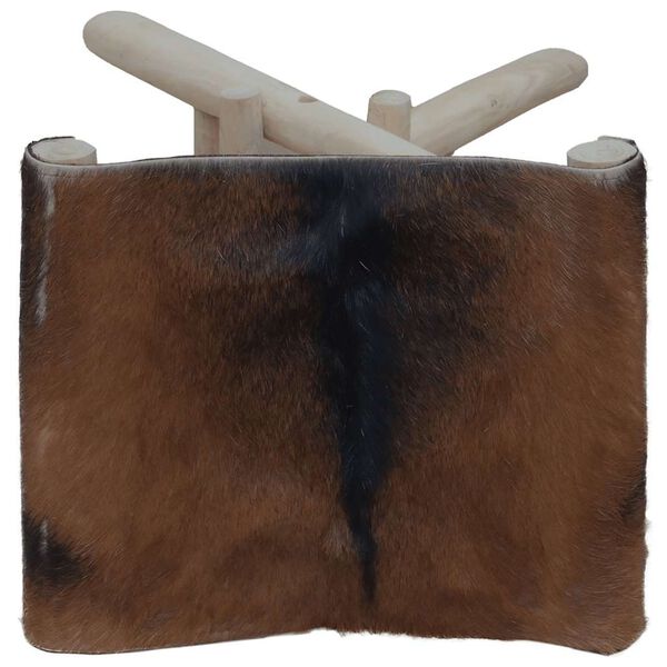 vidaXL Folding Stool Goatskin Leather and Solid Teak Wood