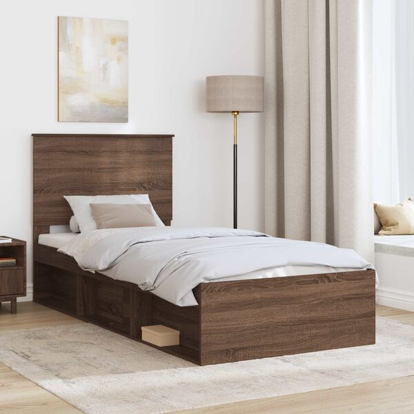 vidaXL Bed Frame with Headboard Brown Oak 75 x 190 cm Solid Pine Wood