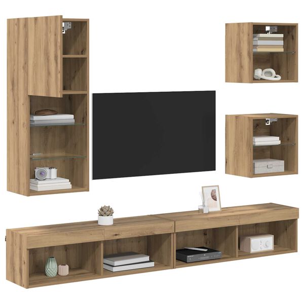 vidaXL TV Wall Units with LED 5 pcs Artisan Oak Engineered Wood
