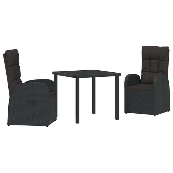 vidaXL Garden Dining Set with Cushion 3 pcs Black Poly Rattan