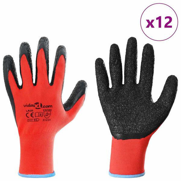 vidaXL Work Gloves 12 pcs Red and Black 9 / L Latex Coating