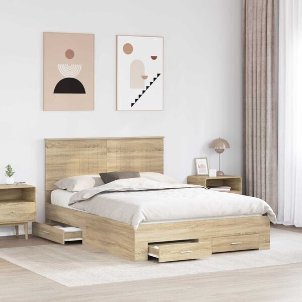 vidaXL Bed Frame with Drawer Sonoma Oak 135 x 190 cm Engineered Wood