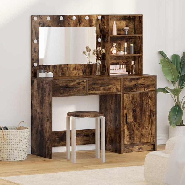 vidaXL Dressing Table with Mirror Lights 2 pcs Brown Engineered Wood