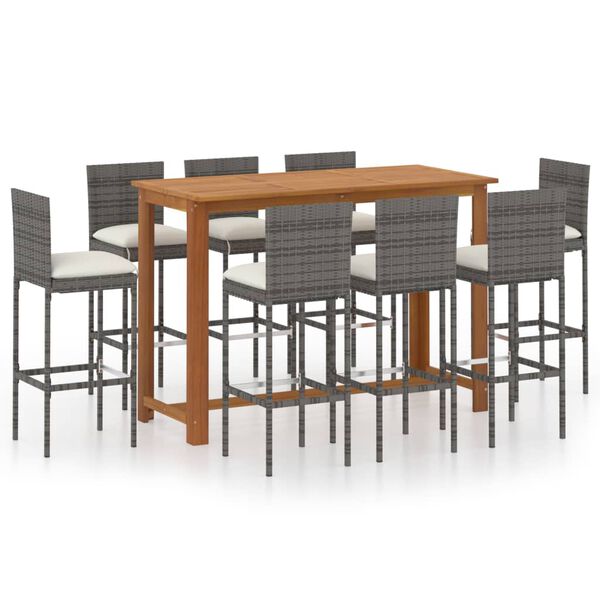 vidaXL 9 Piece Garden Bar Set with Cushions Poly Rattan Grey