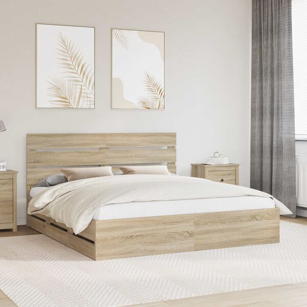 vidaXL Bed Frame with Drawer Sonoma Oak 200 x 200 cm Engineer Wood