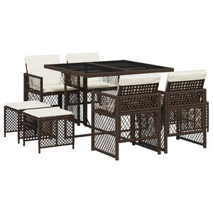 vidaXL 9 Piece Garden Dining Set with Cushions Brown Poly Rattan