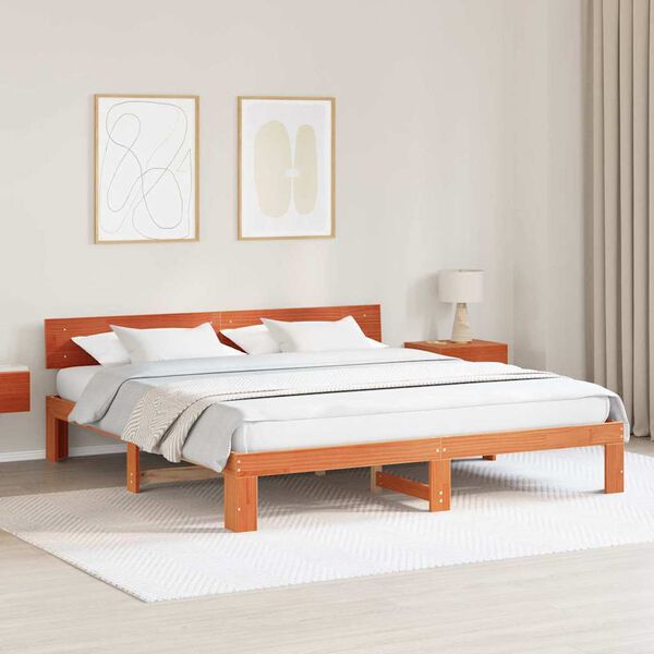 vidaXL Bed Frame with Headboard Wax Brown 200 x 200 cm Solid Pine Wood