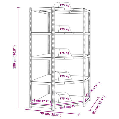 vidaXL 5-Layer Heavy-duty Corner Shelf Grey Steel&Engineered Wood