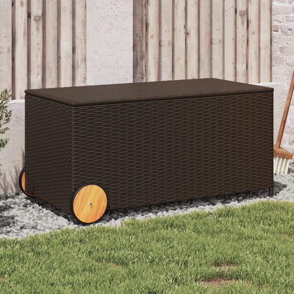 vidaXL Garden Storage Box with Wheels Brown 190L Poly Rattan