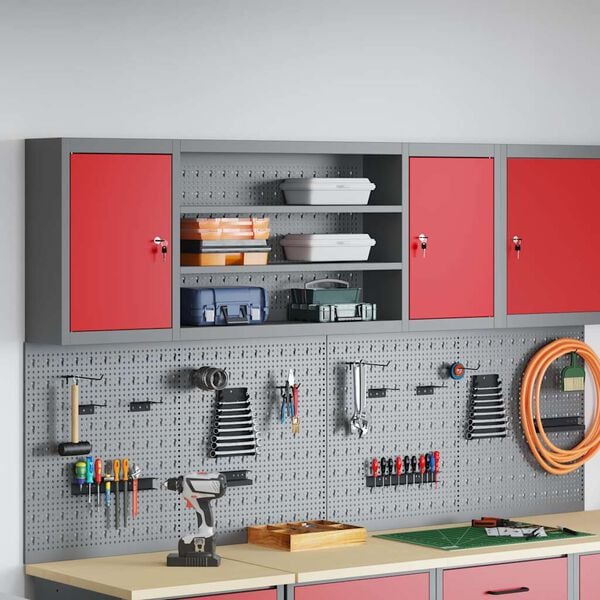 vidaXL Tool Cabinet with Shelf with Lock Red and Grey 150 x 20 x 55 cm